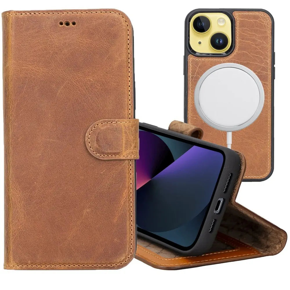 Almond Brown New iPhone 15 6.1 Wallet Case, Genuine Leather, Magnetic Detachable Luxury Flio, RFID Protected, Magsafe Wireless Charge, 2023-1