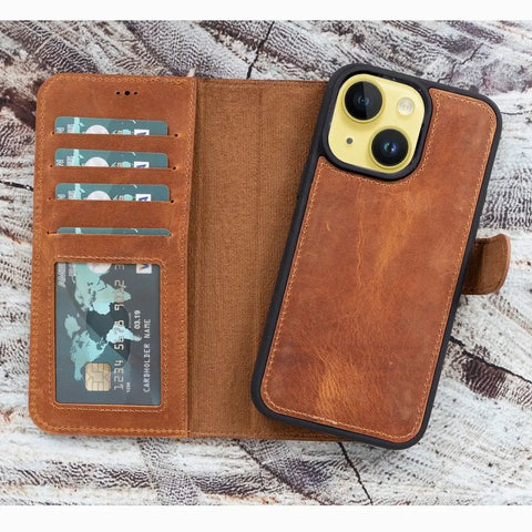 Almond Brown New iPhone 15 6.1 Wallet Case, Genuine Leather, Magnetic Detachable Luxury Flio, RFID Protected, Magsafe Wireless Charge, 2023-1