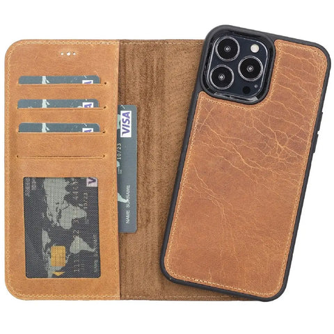 Almond Brown New iPhone 15 Pro MAX 6.7 Wallet Case, Genuine Leather, Magnetic Detachable Luxury Flio, RFID Protected, Magsafe Wireless Charge, 2023