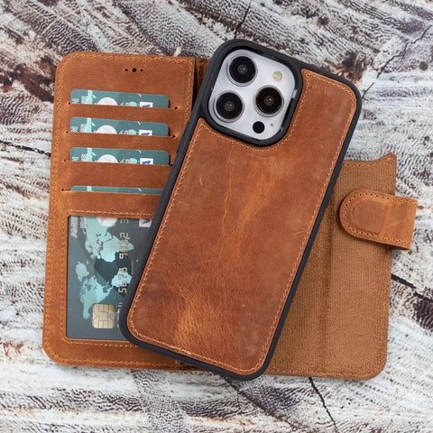 Almond Brown New iPhone 15 Pro MAX 6.7 Wallet Case, Genuine Leather, Magnetic Detachable Luxury Flio, RFID Protected, Magsafe Wireless Charge, 2023