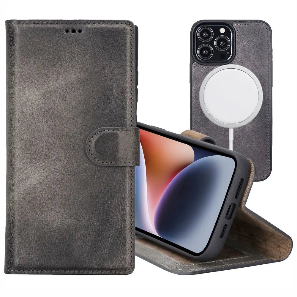 Anthracite Gray New iPhone 15 Pro for Women Man 6.1 Wallet Case, Genuine Leather, Magnetic Detachable Luxury Flio, RFID Protected, Magsafe Wireless Charge, 2023