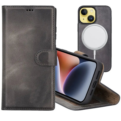 Venoult Best Silicon Cover Leather iphone14 Plus Wallet Case&MagSafe Anthracite Gray