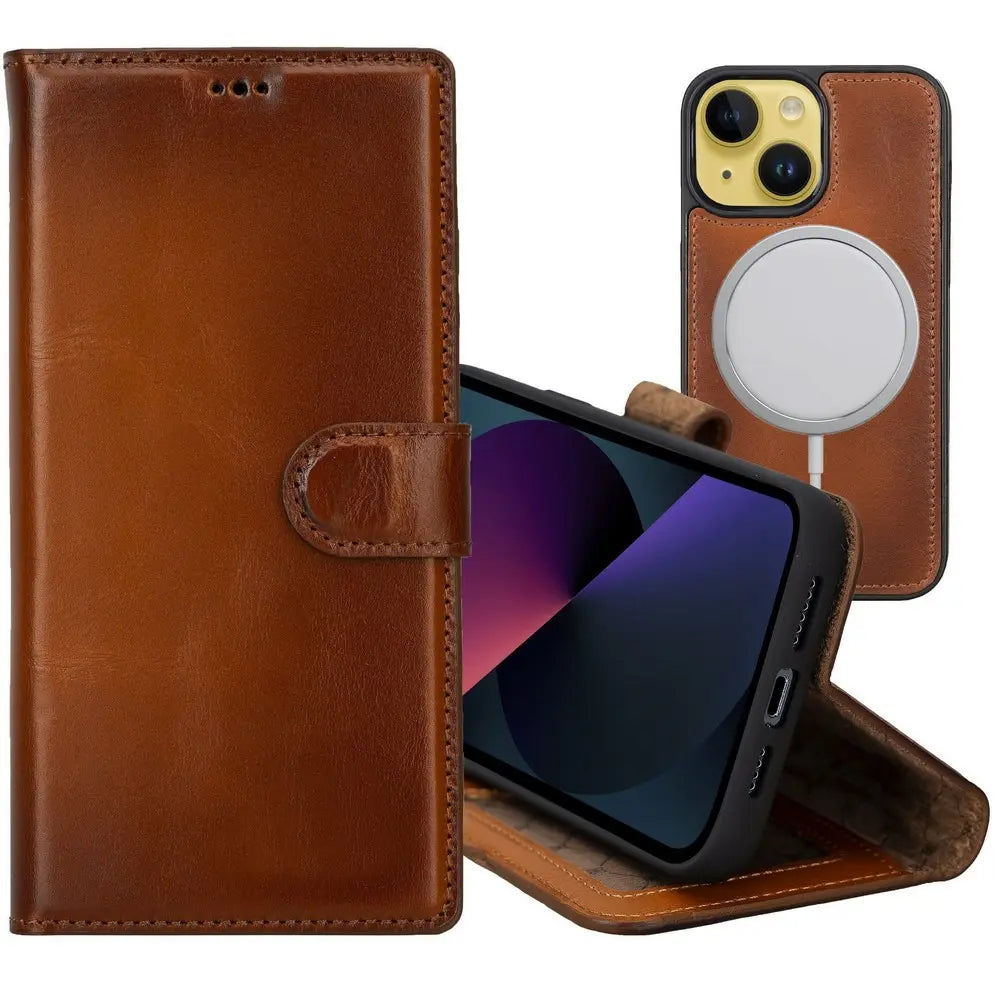 Chestnut Brown New iPhone 15 Plus 6.7 for Ma or Women Wallet Case, Genuine Leather, Magnetic Detachable Luxury Flio, RFID Protected, Magsafe Wireless Charge, 2023