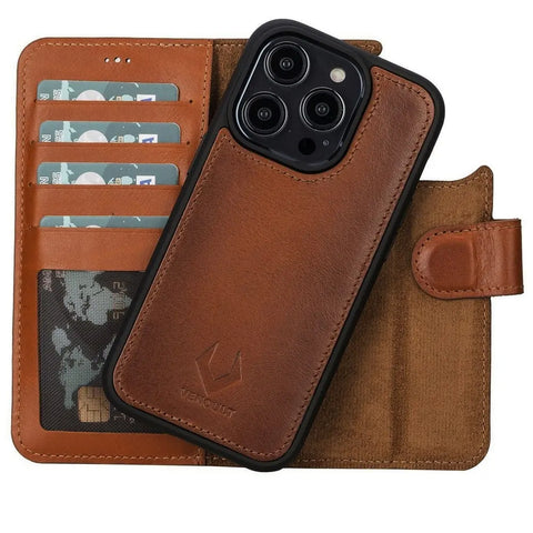 Chestnut Brown New iPhone 15 Pro 6.1 Wallet Case, Genuine Leather, Magnetic Detachable Luxury Flio, RFID Protected, Magsafe Wireless Charge, 2023