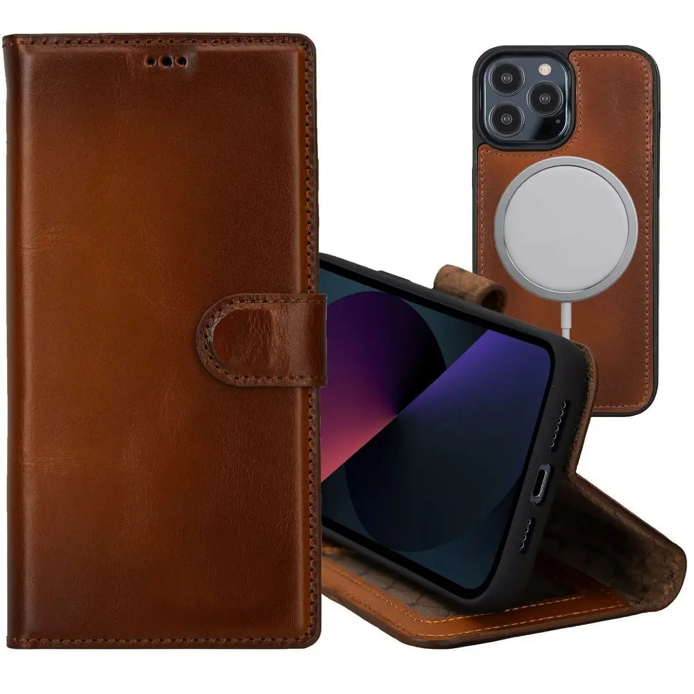 Chestnut Brown New iPhone 15 Pro 6.1 Wallet Case, Genuine Leather, Magnetic Detachable Luxury Flio, RFID Protected, Magsafe Wireless Charge, 2023