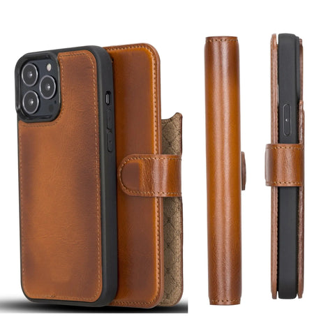 iPhone 13 Pro MAX Wallet Case, Card Holder, Genuine Leather, (Chestnut Brown)