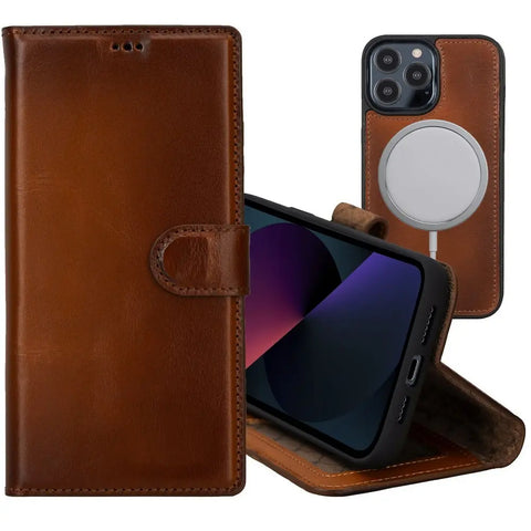 iPhone 13 Pro MAX Wallet Case, Card Holder, Genuine Leather, (Chestnut Brown)