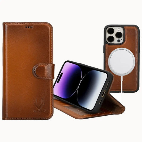 Detachable Leather Wallet Case for iPhone 15 Pro MAX, (Chestnut Brown)