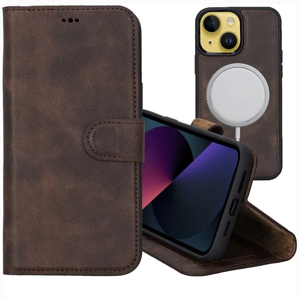 Chocolate Brown New iPhone 15 Plus Wallet Case for Man Women Genuine Leather, Magnetic Detachable Luxury Flio, RFID Protected, Magsafe Wireless Charge, 2023