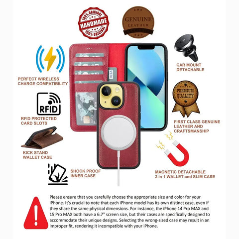 Detachable Wallet Case for iPhone 15 Plus, (Cranberry Red)