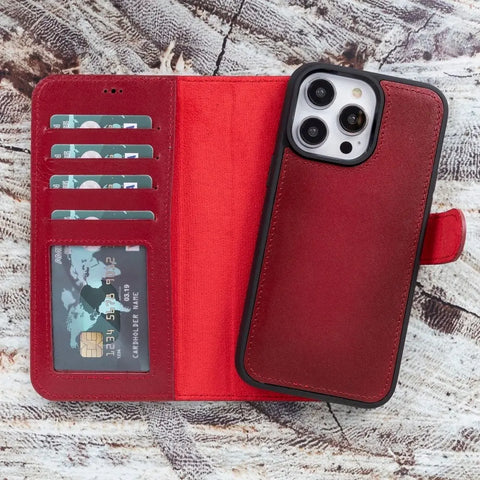 Cranberry Red New iPhone 15 Pro 6.1" Wallet Case, Genuine Leather, Magnetic Detachable Luxury Flio, RFID Protected, Magsafe Wireless Charge, 2023-1