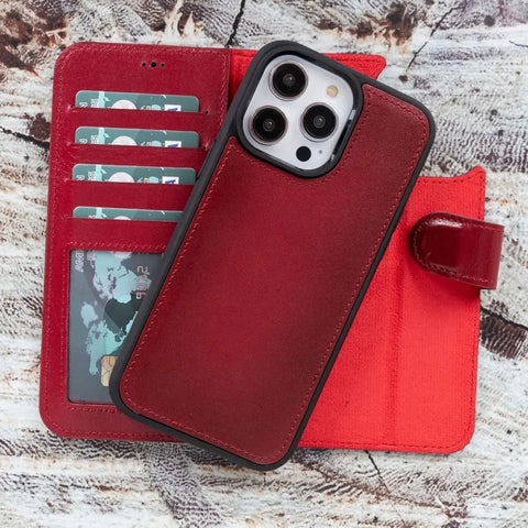 Cranberry Red New iPhone 15 Pro MAX 6.7 Wallet Case, Genuine Leather, Magnetic Detachable Luxury Flio, RFID Protected, Magsafe Wireless Charge, 2023-1