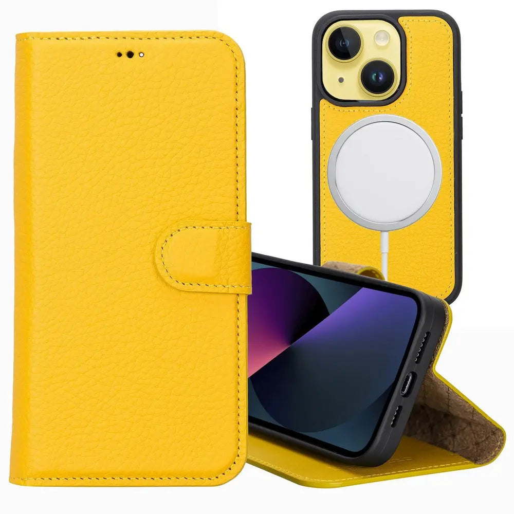 Mikado Yellow  New iPhone 15 Plus 6.7 Wallet Casefor Women, Genuine Leather, Magnetic Detachable Luxury Flio, RFID Protected, Magsafe Wireless Charge, 2023
