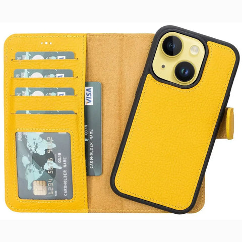 Mikado Yellow  New iPhone 15 Plus 6.7 Wallet Casefor Women, Genuine Leather, Magnetic Detachable Luxury Flio, RFID Protected, Magsafe Wireless Charge, 2023