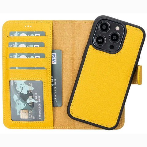 Mikado Yellow  New iPhone 15 Pro MAX 6.7 Wallet Case, Genuine Leather, Magnetic Detachable Luxury Flio, RFID Protected, Magsafe Wireless Charge, 2023