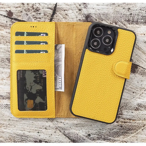 Mikado Yellow  New iPhone 15 Pro MAX 6.7 Wallet Case, Genuine Leather, Magnetic Detachable Luxury Flio, RFID Protected, Magsafe Wireless Charge, 2023