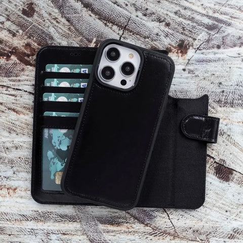 Rustic Black New iPhone 15 Plus 6.7 Wallet Case for Women Man, Genuine Leather, Magnetic Detachable Luxury Flio, RFID Protected, Magsafe Wireless Charge, 2023