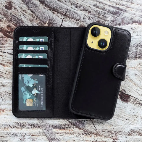 Rustic Black New iPhone 15 Plus 6.7 Wallet Case for Women Man, Genuine Leather, Magnetic Detachable Luxury Flio, RFID Protected, Magsafe Wireless Charge, 2023