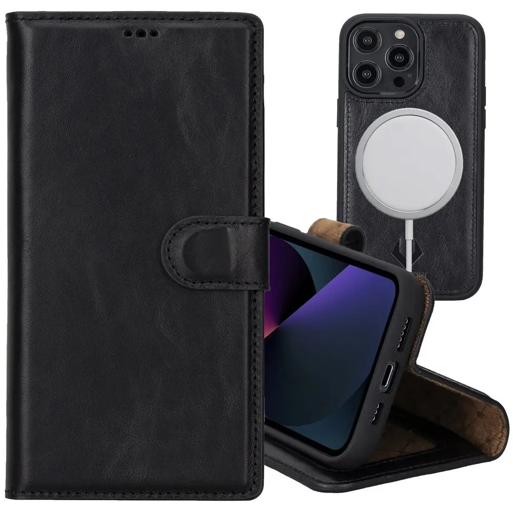Rustic Black iPhone 15 Pro Wallet Case for Man Women, Genuine Leather, Magnetic Detachable Luxury Flio, RFID Protected, Magsafe Wireless Charge, 2023