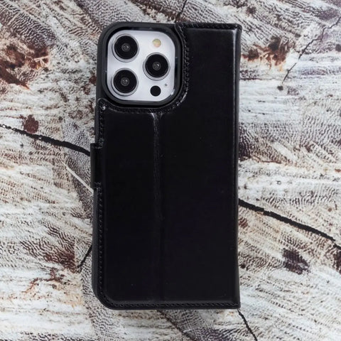 Rustic Black iPhone 15 Pro Wallet Case for Man Women, Genuine Leather, Magnetic Detachable Luxury Flio, RFID Protected, Magsafe Wireless Charge, 2023