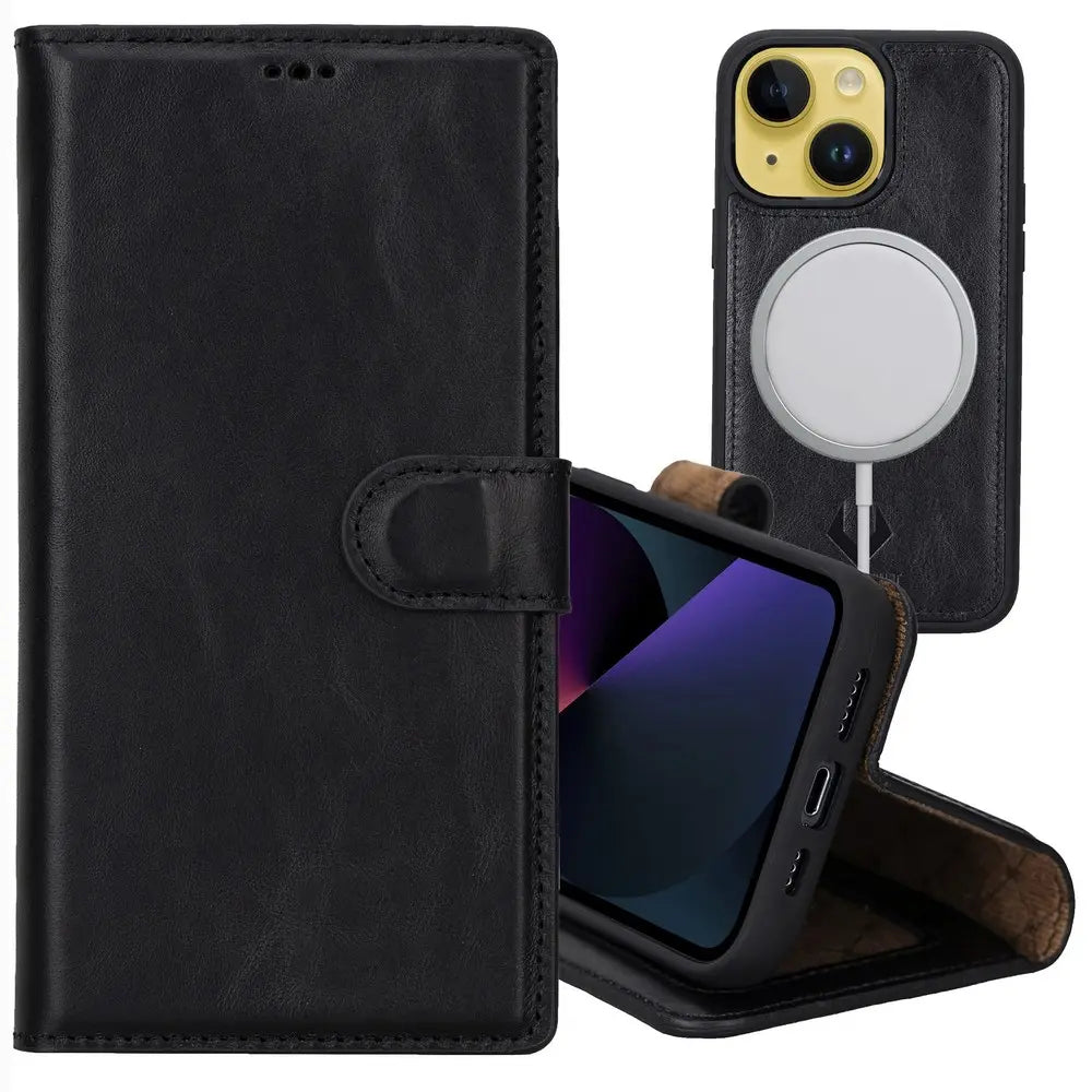 Rustic Black New iPhone 15 Wallet Case for Women Man, Genuine Leather, Magnetic Detachable Luxury Flio, RFID Protected, Magsafe Wireless Charge, 2023