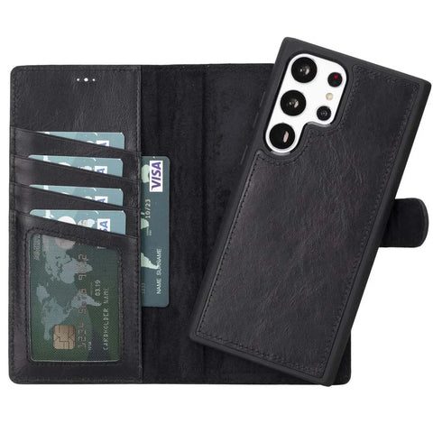 Rustic Black Samsung Galaxy S23 Ultra Card Holder Wallet Case, Magnetic Detachable