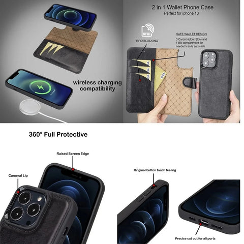iPhone 13 Pro MAX Detachable Card Holder Wallet Case, (Rustic Black)