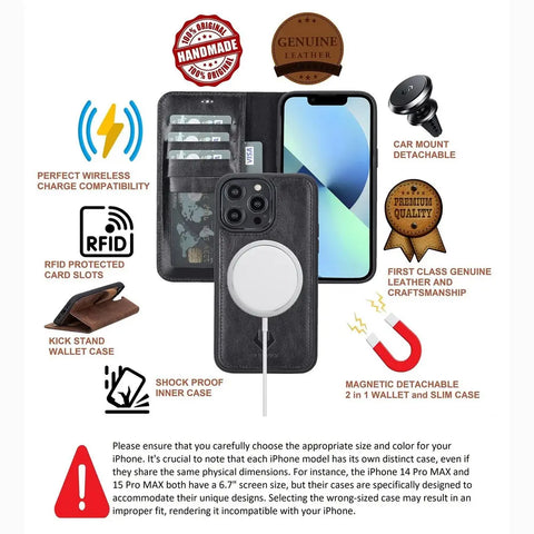 iPhone 14 Pro MAX Detachable Card Holder Wallet Case, (Rustic Black)