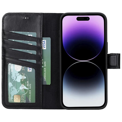 Card Holder Black iPhone 15 Pro MAX Wallet Case Magsafe Compatible Genuine Leather Magnetic Detachable iPhone 15 Pro MAX Wallet Case for Man or Women