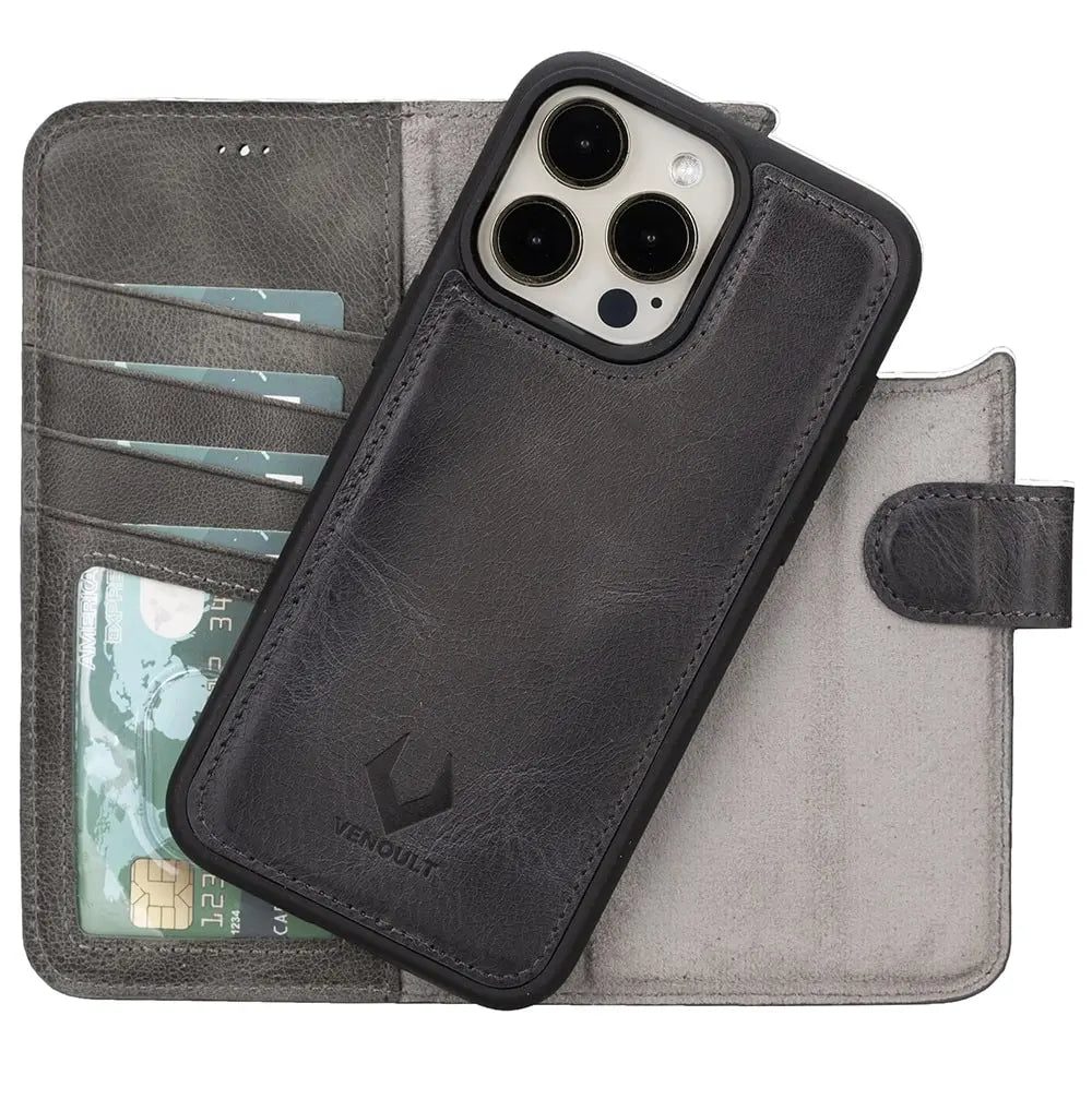 Detachable Leather Wallet Case for iPhone 15 Pro MAX, (Sandy Gray)