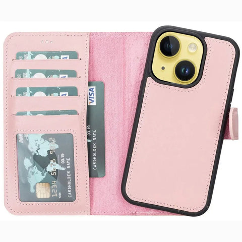 Sweet Pink New iPhone 15 Plus 6.7 Wallet Case for Women, Genuine Leather, Magnetic Detachable Luxury Flio, RFID Protected, Magsafe Wireless Charge, 2023