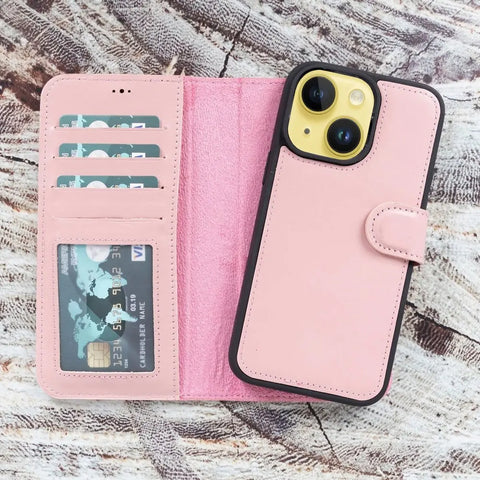 Sweet Pink New iPhone 15 Plus 6.7 Wallet Case for Women, Genuine Leather, Magnetic Detachable Luxury Flio, RFID Protected, Magsafe Wireless Charge, 2023