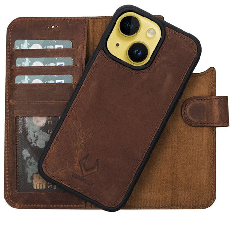 Vintage Brown New iPhone 15 6.1 Wallet Case, Genuine Leather, Magnetic Detachable Luxury Flio, RFID Protected, Magsafe Wireless Charge, 2023