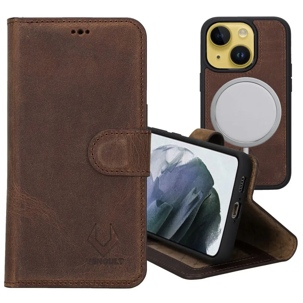 Vintage Brown New iPhone 15 6.1 Wallet Case, Genuine Leather, Magnetic Detachable Luxury Flio, RFID Protected, Magsafe Wireless Charge, 2023