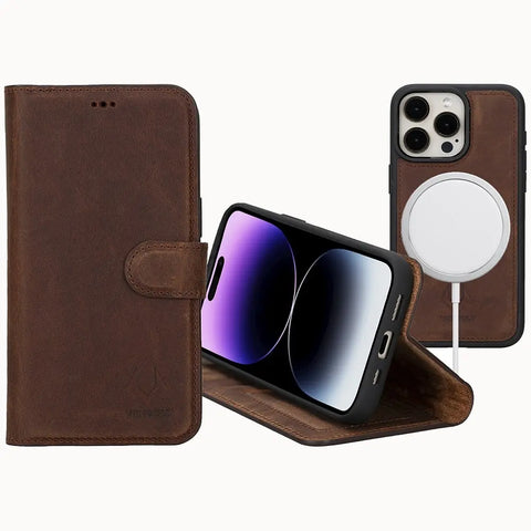 Vintage Brown New iPhone 15 Pro MAX 6.7 Wallet Case, Genuine Leather, Magnetic Detachable folio case