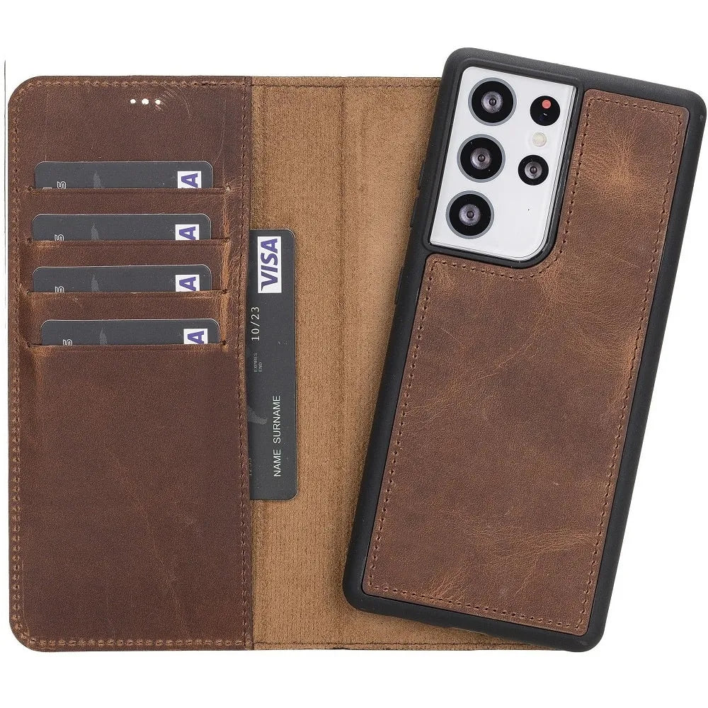 Vintage Brown Detachable Card Holder Wallet Case for Samsung Galaxy Series