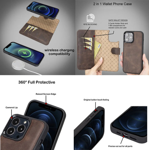 iPhone 13 Pro MAX Wallet Case, Card Holder, Genuine Leather, (Vintage Brown)