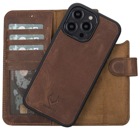 iPhone 14 Pro Detachable Card Holder Wallet Case, (Vintage Brown)