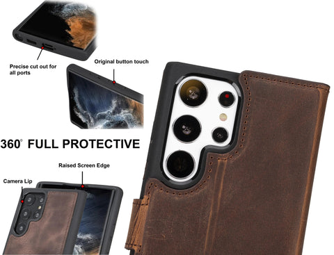 Chocolate Brown Samsung Galaxy S23 Ultra Wallet Case, Magnetic Detachable - VENOULT