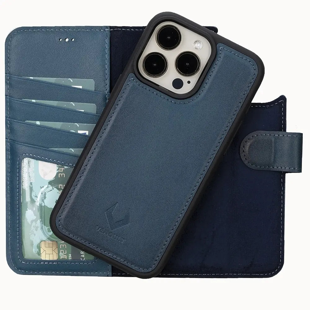 VENOULT Admiral Blue iPhone 15 Pro MAX Wallet Case Magsafe Compatible for Man or Women Genuine Leather Flip Case