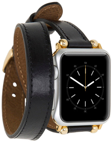 Double Tour Slim Apple Watch Band for Women 45mm, 44mm, 41mm, 40mm Leather Thin iWatch Strap Rustic Black Unique Feminine Design