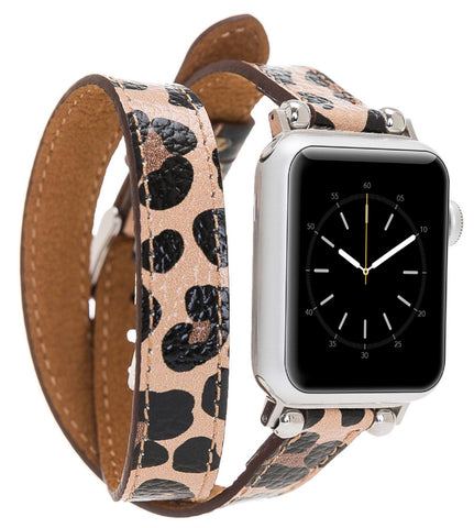 Leopard Leather Apple Watch Band for Women 45mm, 44mm, 41mm, 40mm Leather Thin iWatch Strap Unique Double Tour Slim Feminine Design