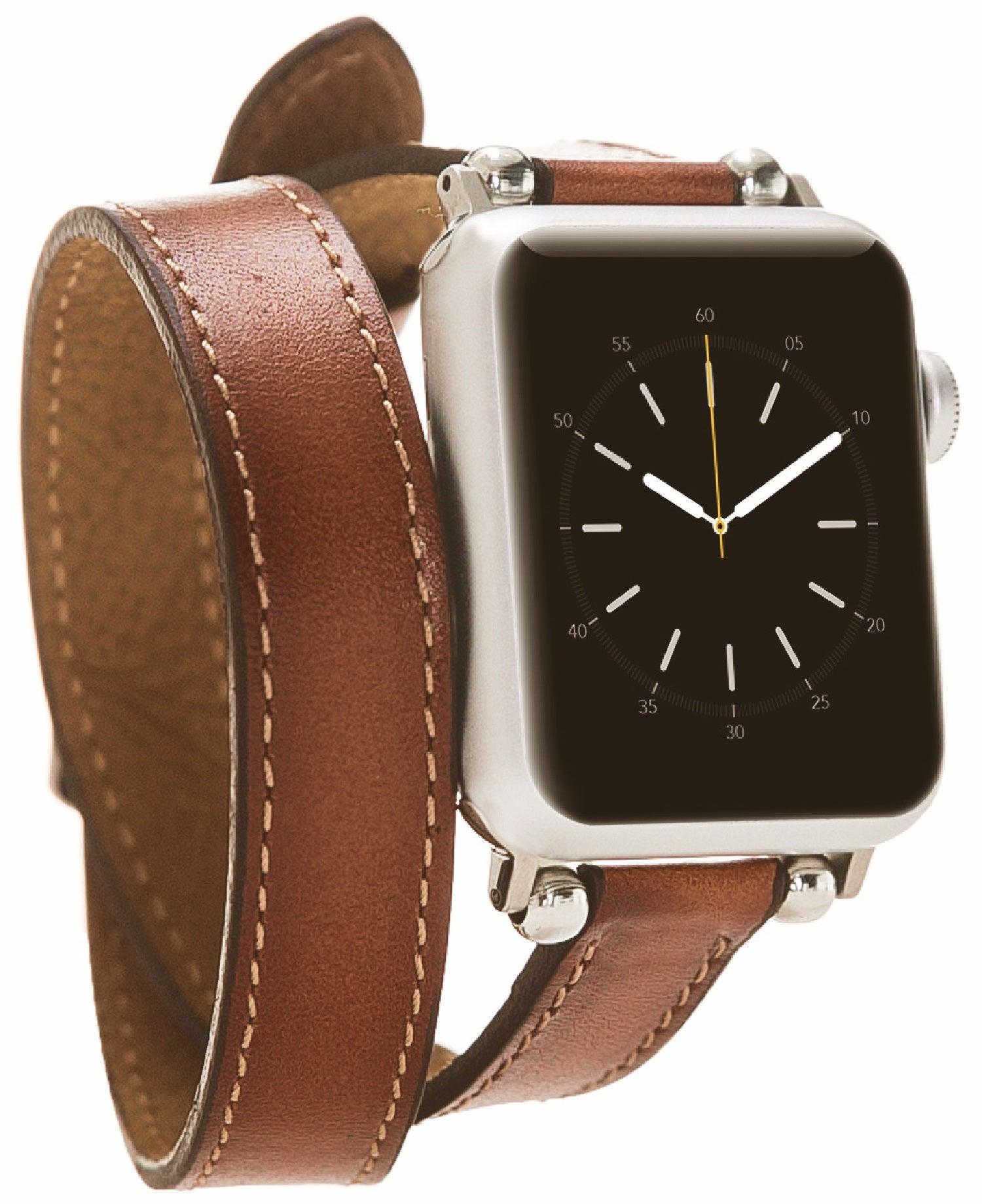 Double Tour Slim Apple Watch Band for Women 45mm, 44mm, 41mm, 40mm Leather Thin iWatch Strap Chestnut Brown Unique Feminine Design